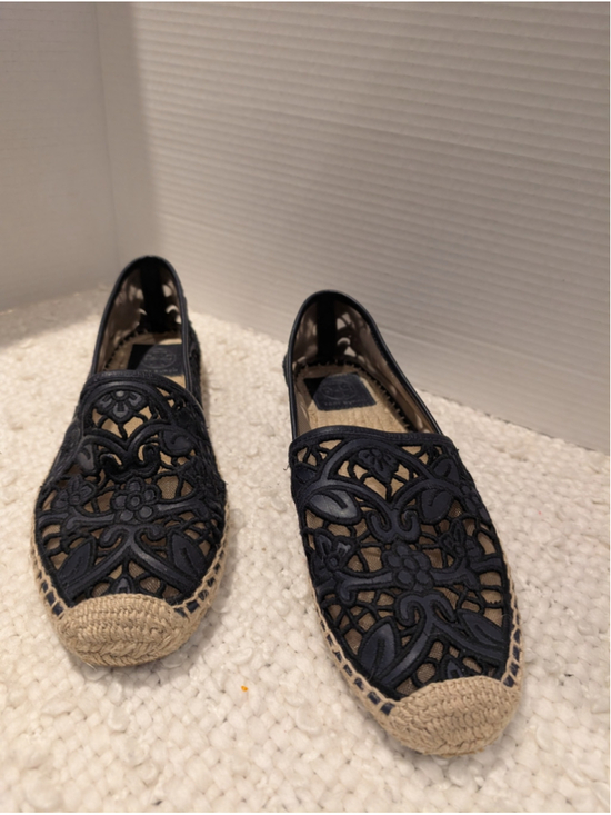 Tory Burch Shoes - Women's Tory Burch Espadrilles Size 11 Navy Blue Beige Lace Cutout Flats